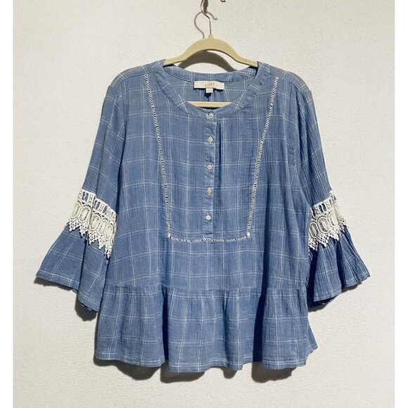 LOFT Top Womens XL Windowpane Embroidered Crochet Bell Sleeve Henley Blue Boho - Picture 1 of 8